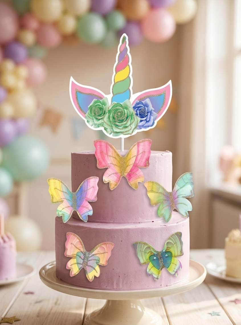 Unicorn glitter theme topper with butterfly set of 6