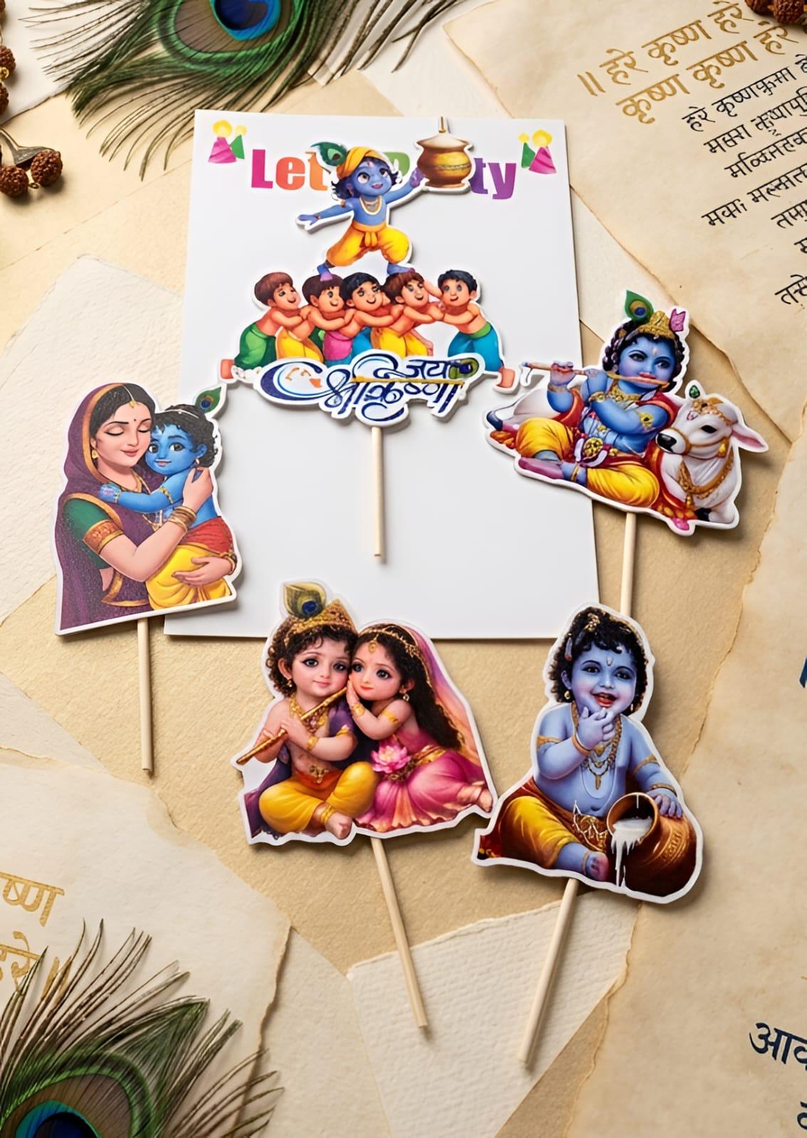 Janmashtami Theme Cake Topper Set - Krishna Decorative Party Supplies for Celebration