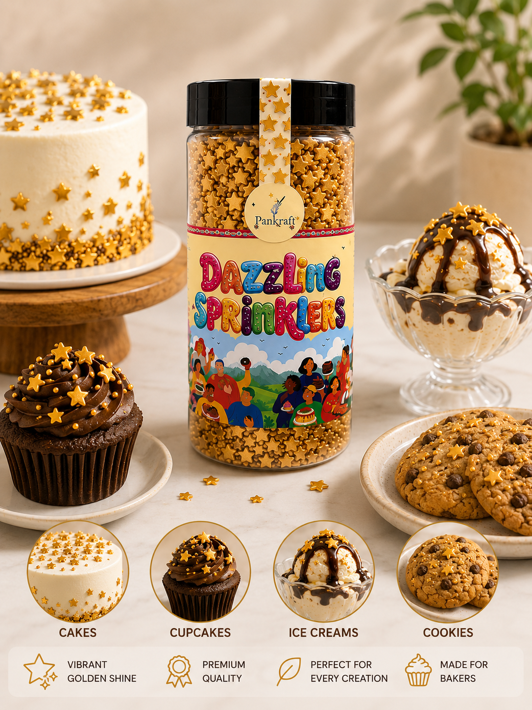Pankraft Golden Star Dazzling Sprinkles 500gm