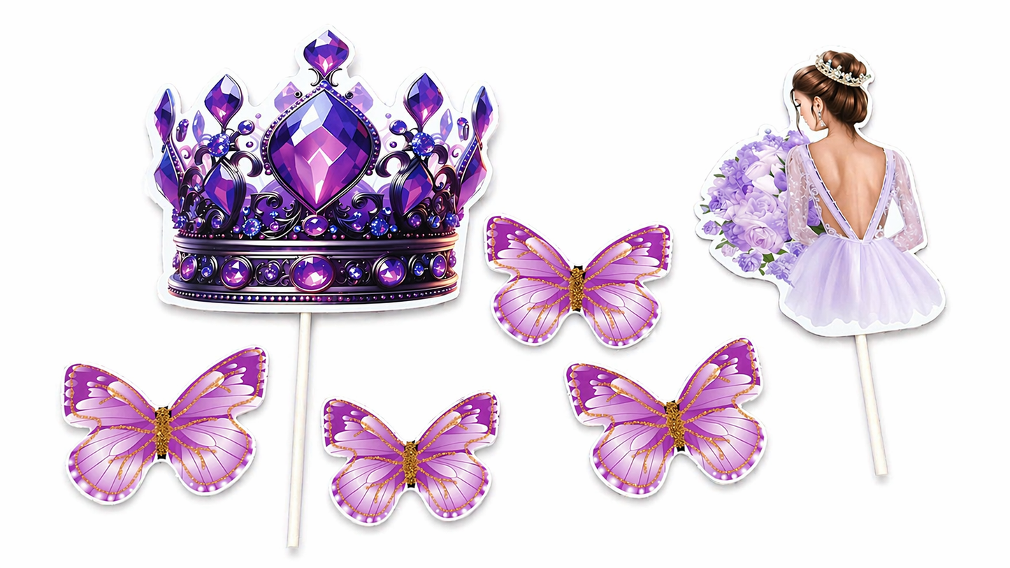 Purple Crown & Princess Cake Topper Set (Random Butterfly)
