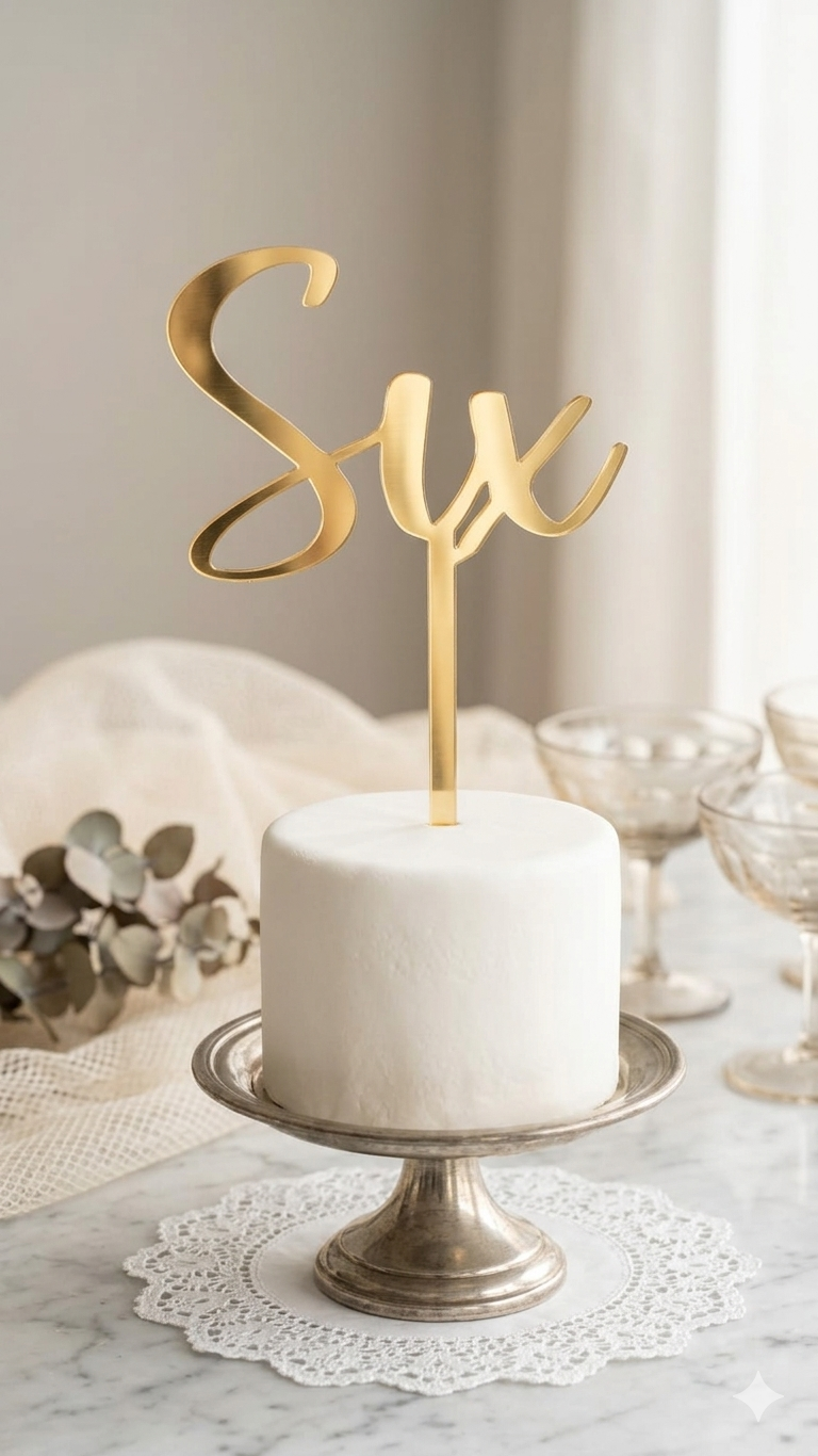 Six Mirror Gold Acrylic Cake Topper 5 Inch