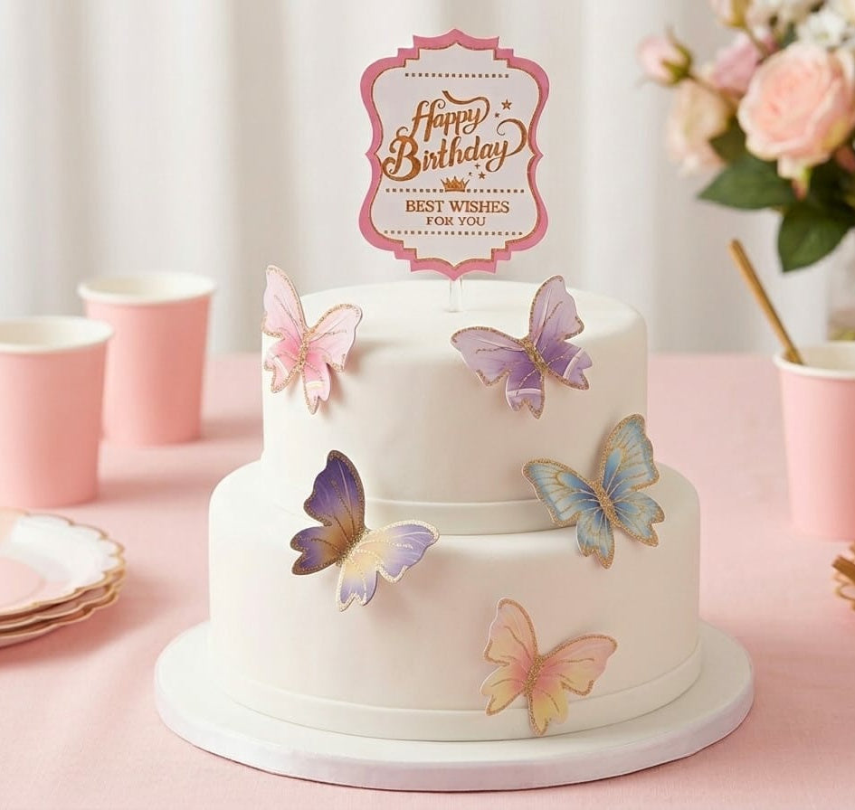 Happy Birthday giliter theme topper with butterfly set of 6