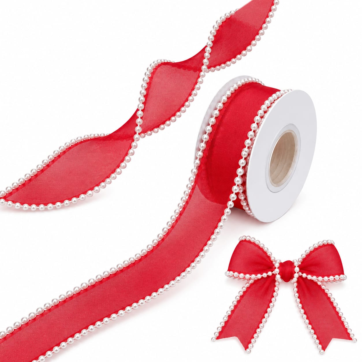 Red Pearl Edge Organza Ribbon –10 meter