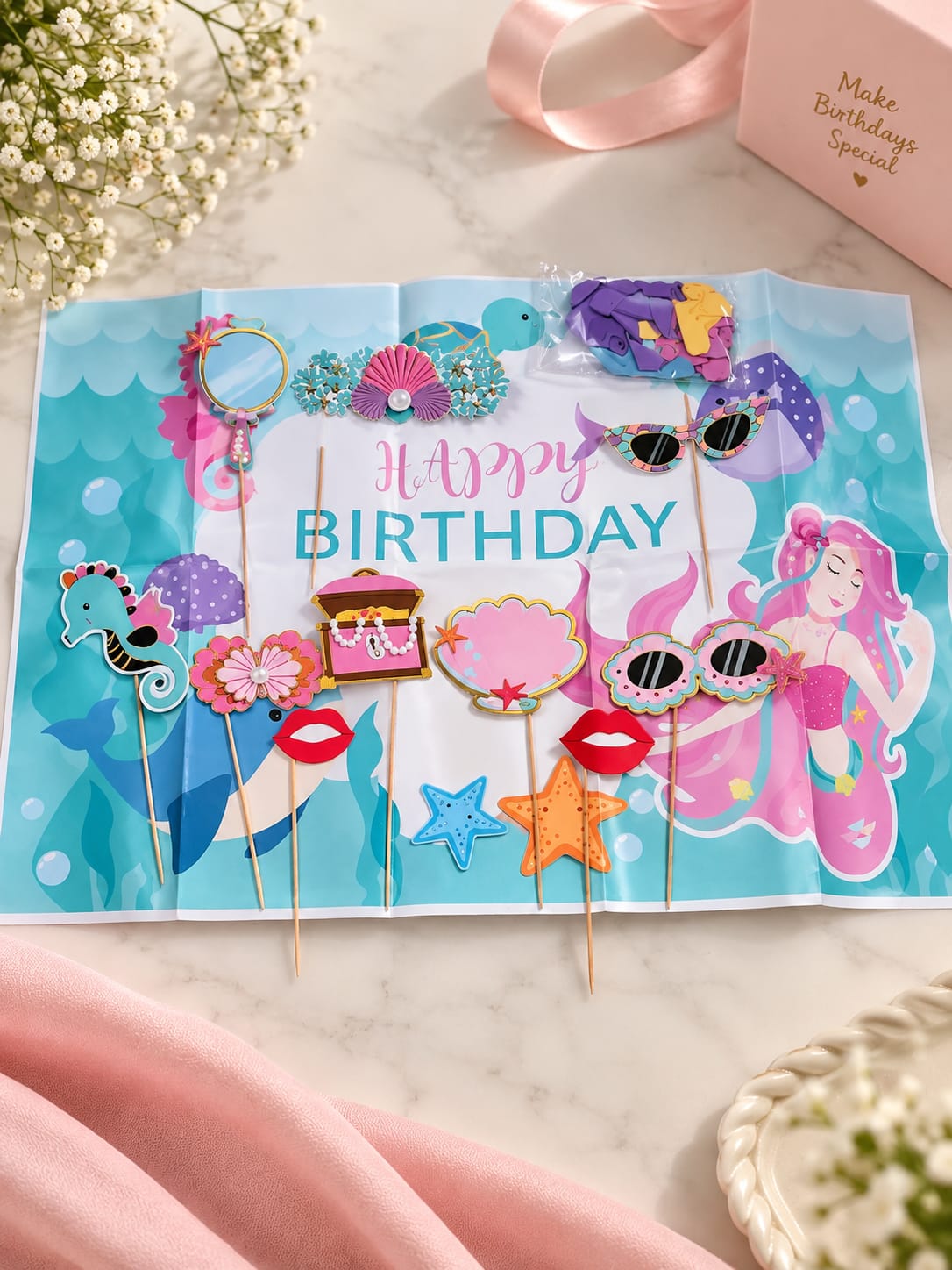 Happy Birthday Party Decoration Sea Life Set with -(20pc Balloon, Poster 1pc ,Photo Props 10pc)