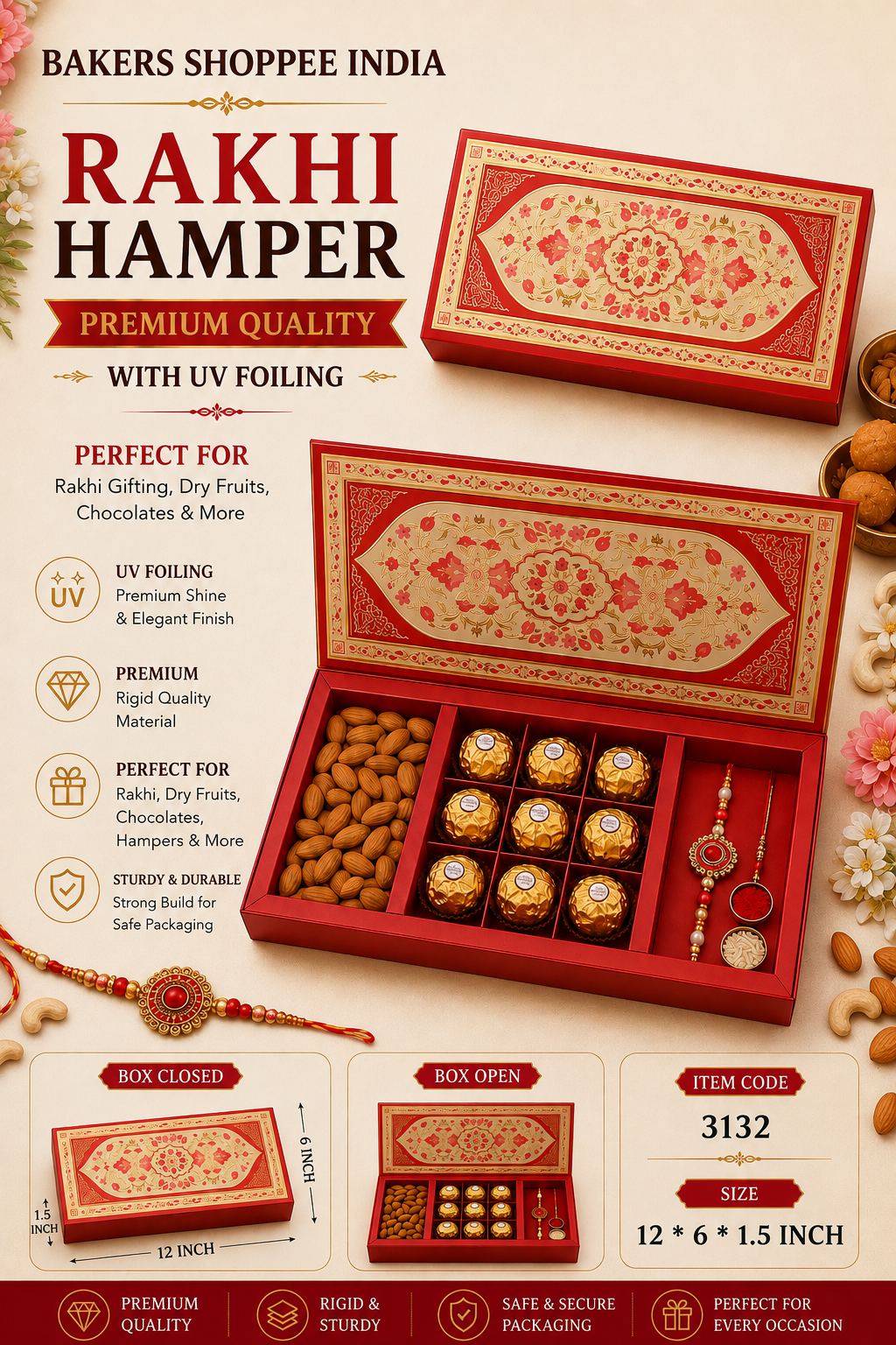 Premium Red & Gold Rakhi Hamper Box