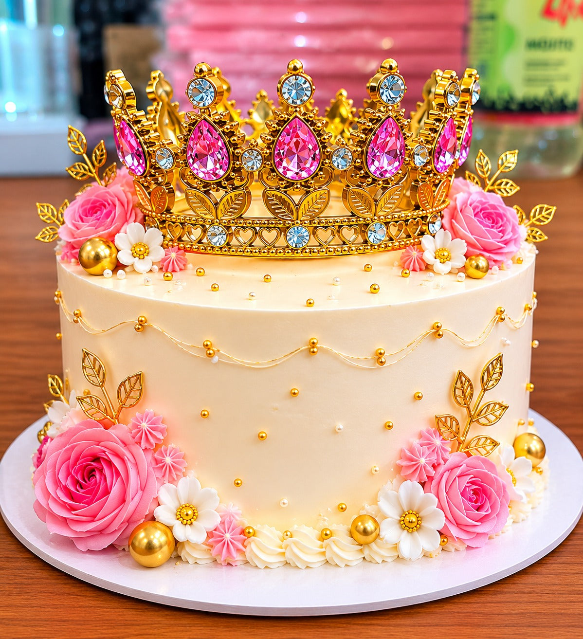 Golden crystal crown pink diamond cake topper