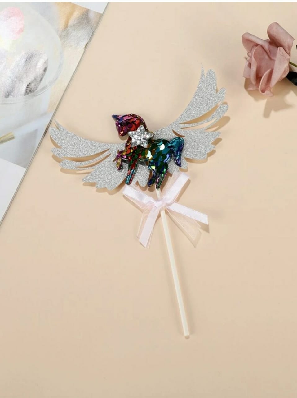 Multicoloured Unicorn Cake Topper With Silver Wings
