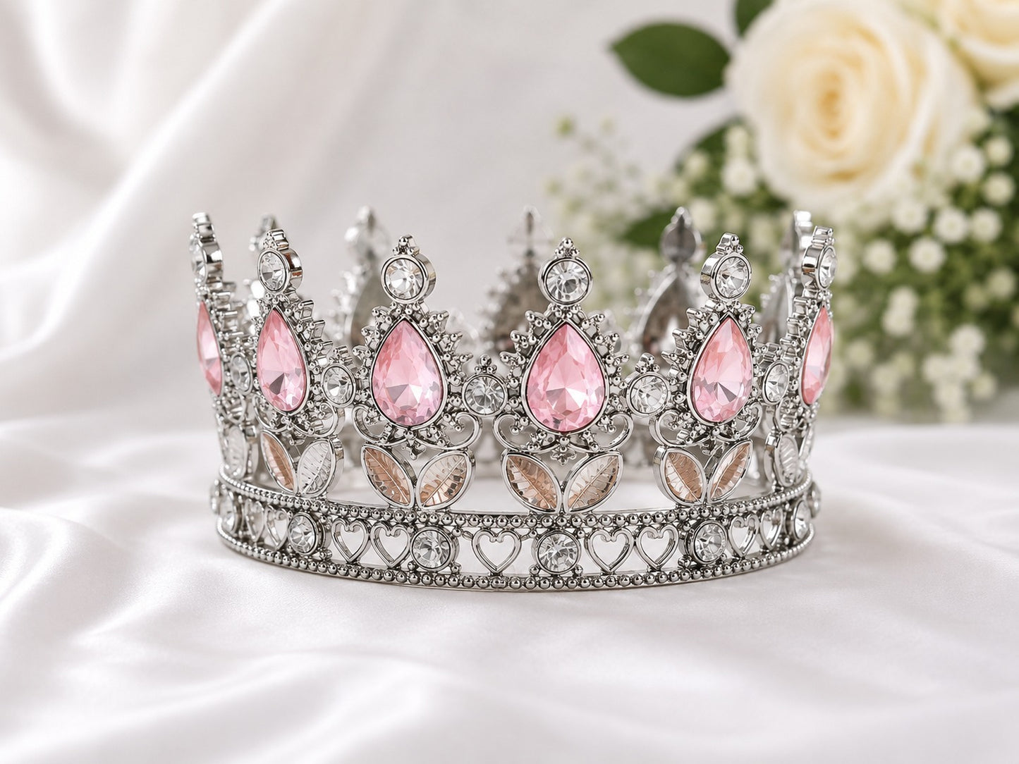 Silver crystal crown pink diamond cake topper