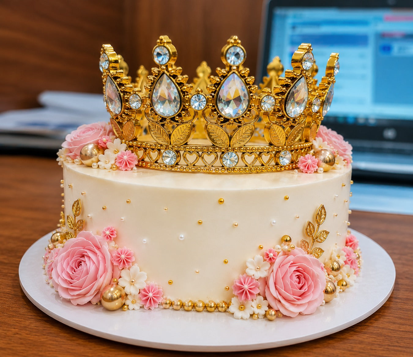Golden crystal crown white diamond cake topper