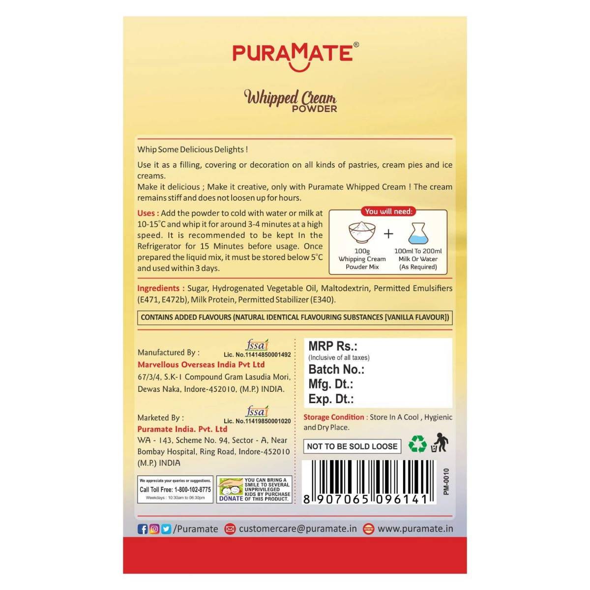 Puramate whipping cream powder 100gm Exp -5/2026