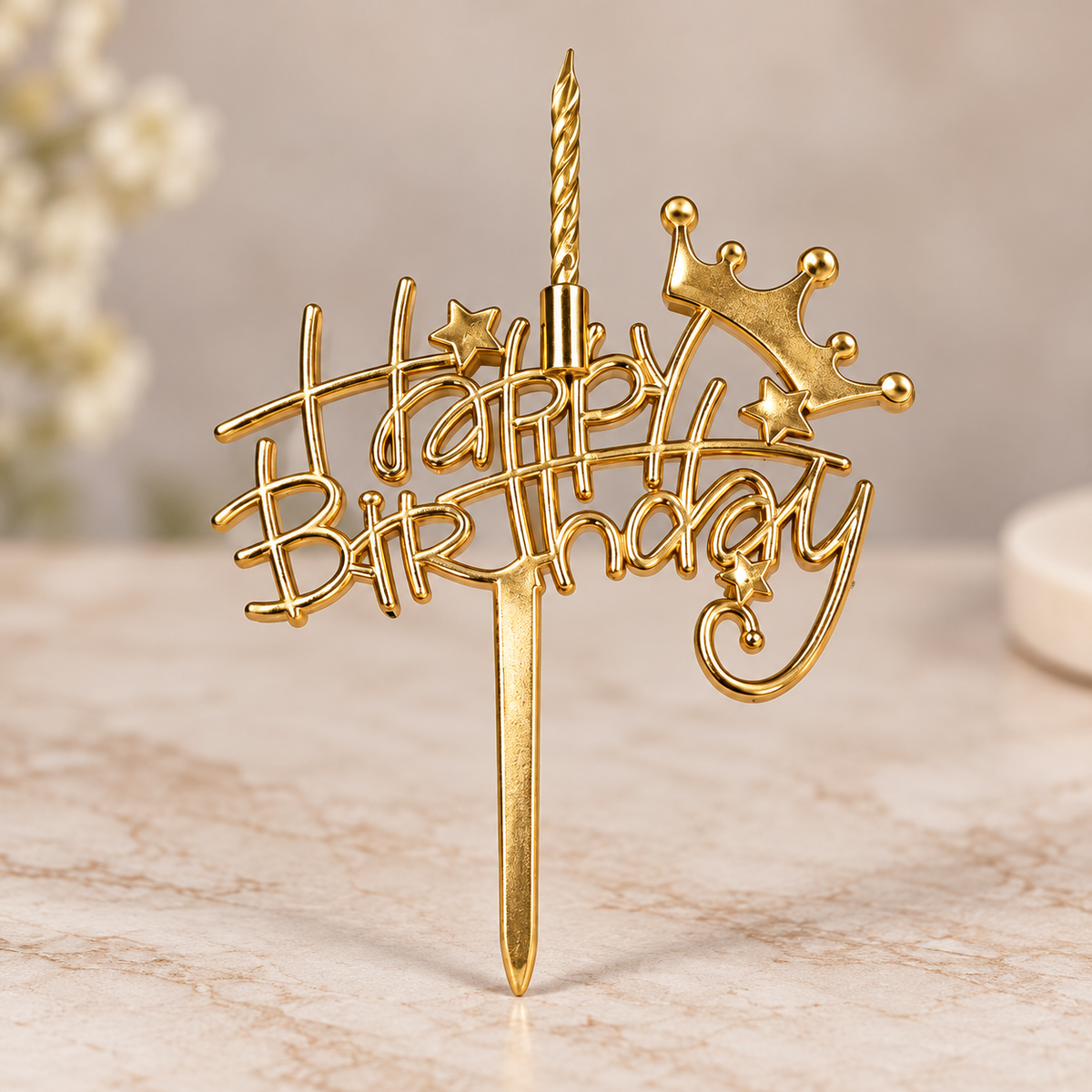 Golden Happy Birthday Cake Topper with Spiral Candle