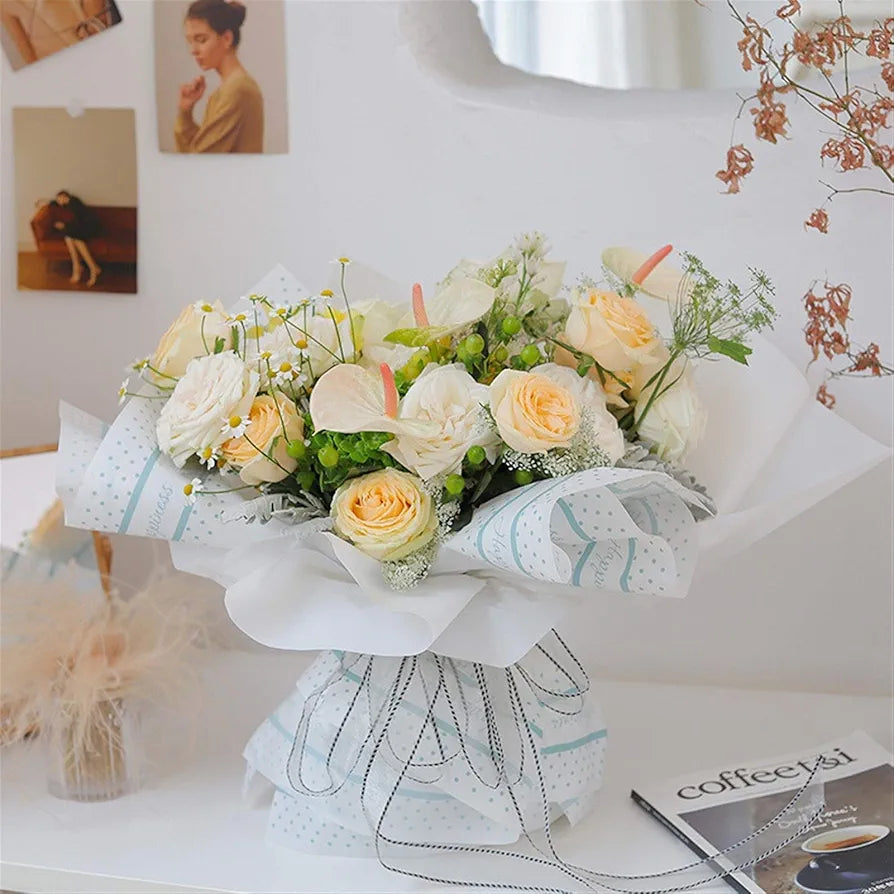 Flower Wrapping Paper White Blue Pack Of 5 Size - 22x21.5 inch