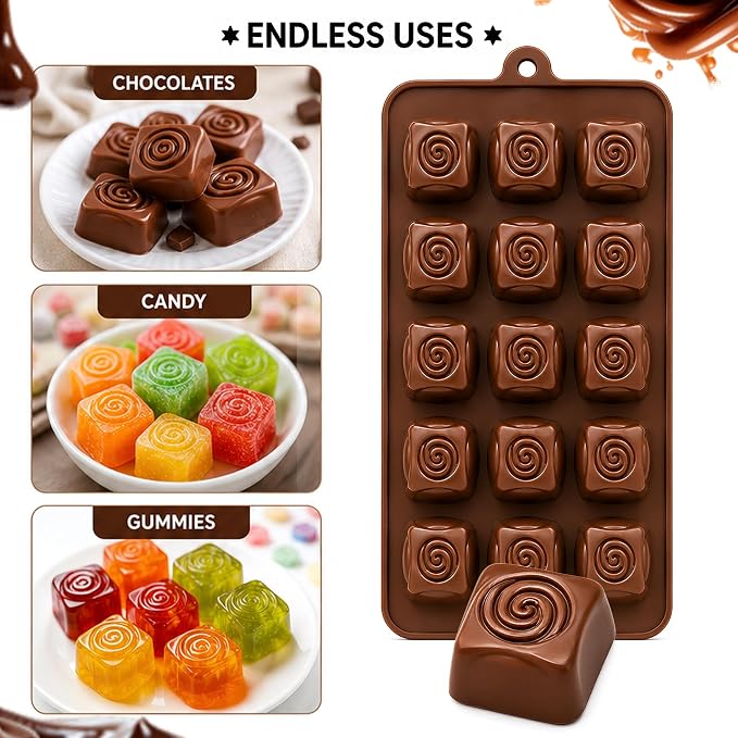 15-Cavity Swirl Rose Silicone Chocolate Mould.