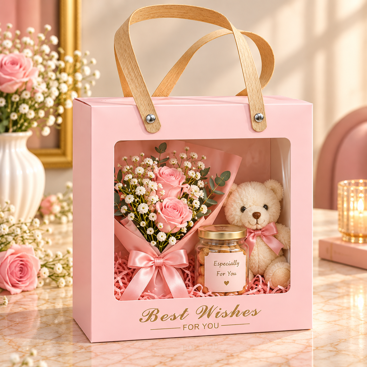 Pastel Pink Square Gift Box with Window Pack of 5 Size - 8x7x3.5 inch