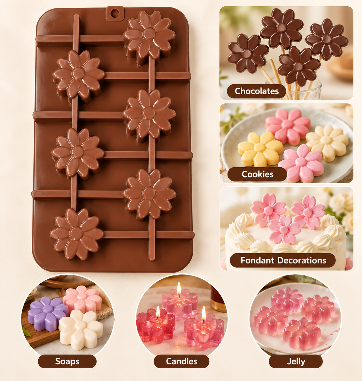 Flower Shape Silicone Chocolate Lollipop Mould with Stick Slots