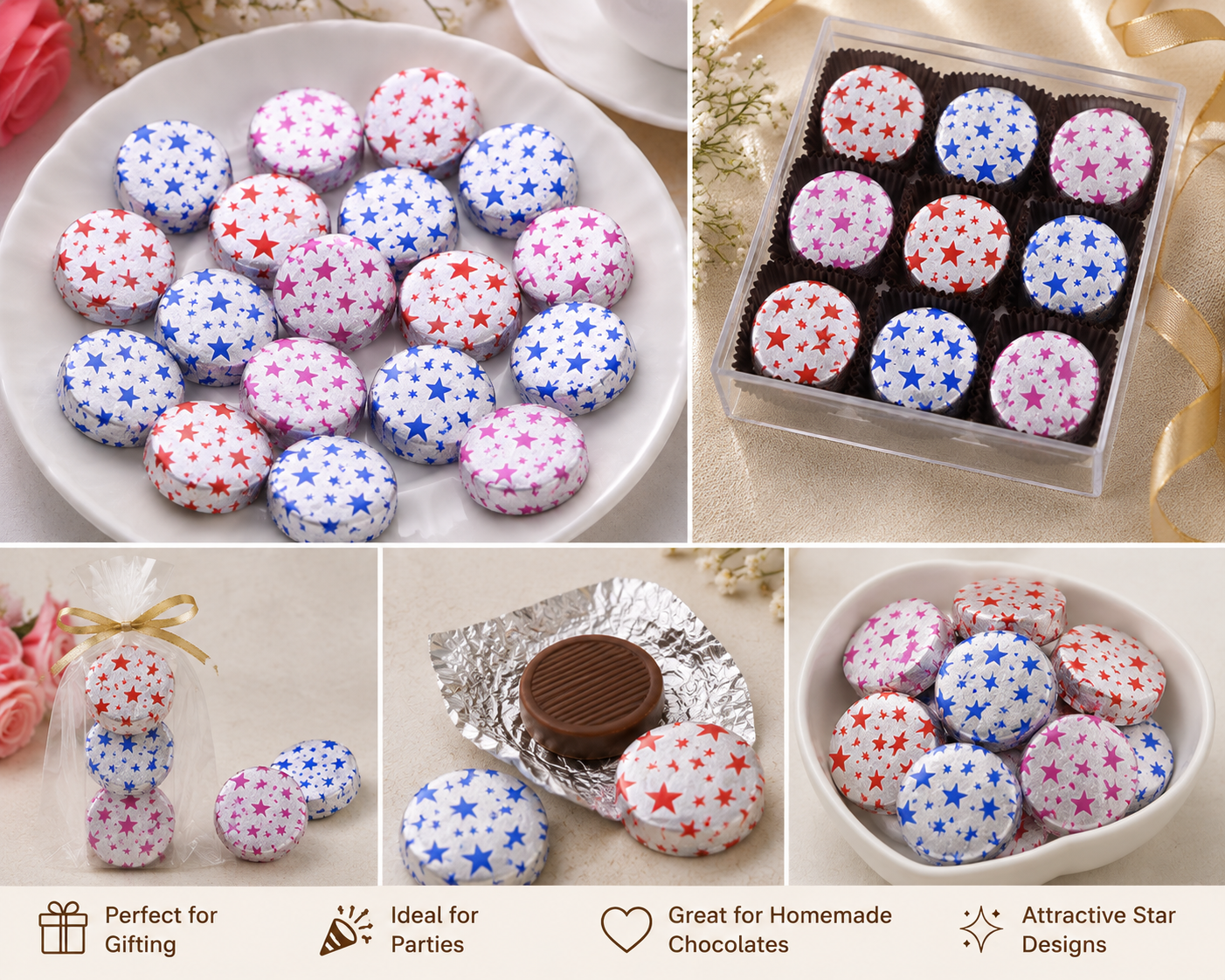 Star Print Chocolate Wrappers Approx 200 Size - 3.5x3.5 inch (Random Colour)