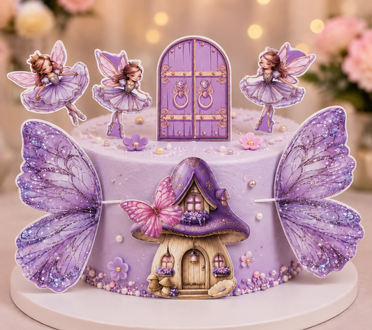 Lavender Fairy Theme Cake Topper Set with 3 Fairy Toppers & Butterfly Wings
