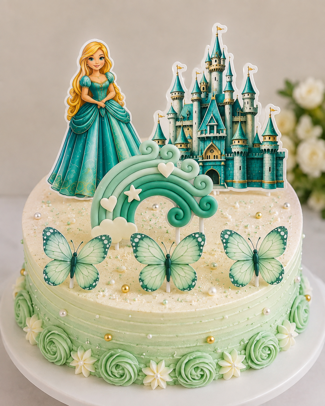 Teal Princess Castle Cake Topper Set with Rainbow, Princess, Castle, 3 Butterfly & Happy Birthday Topper