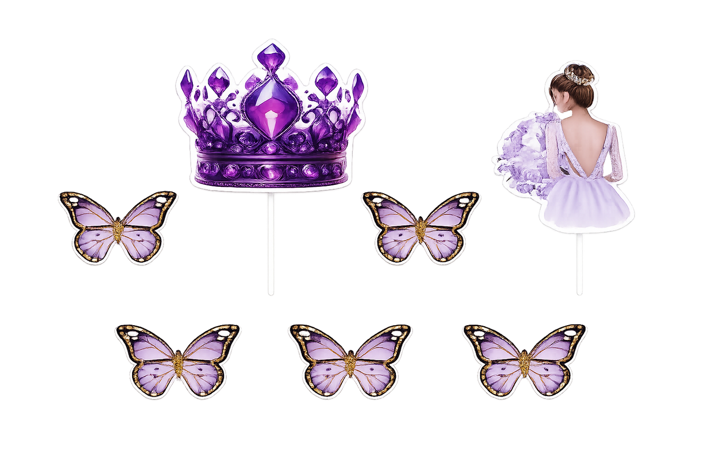 Purple Crown & Princess Cake Topper Set (Random Butterfly)