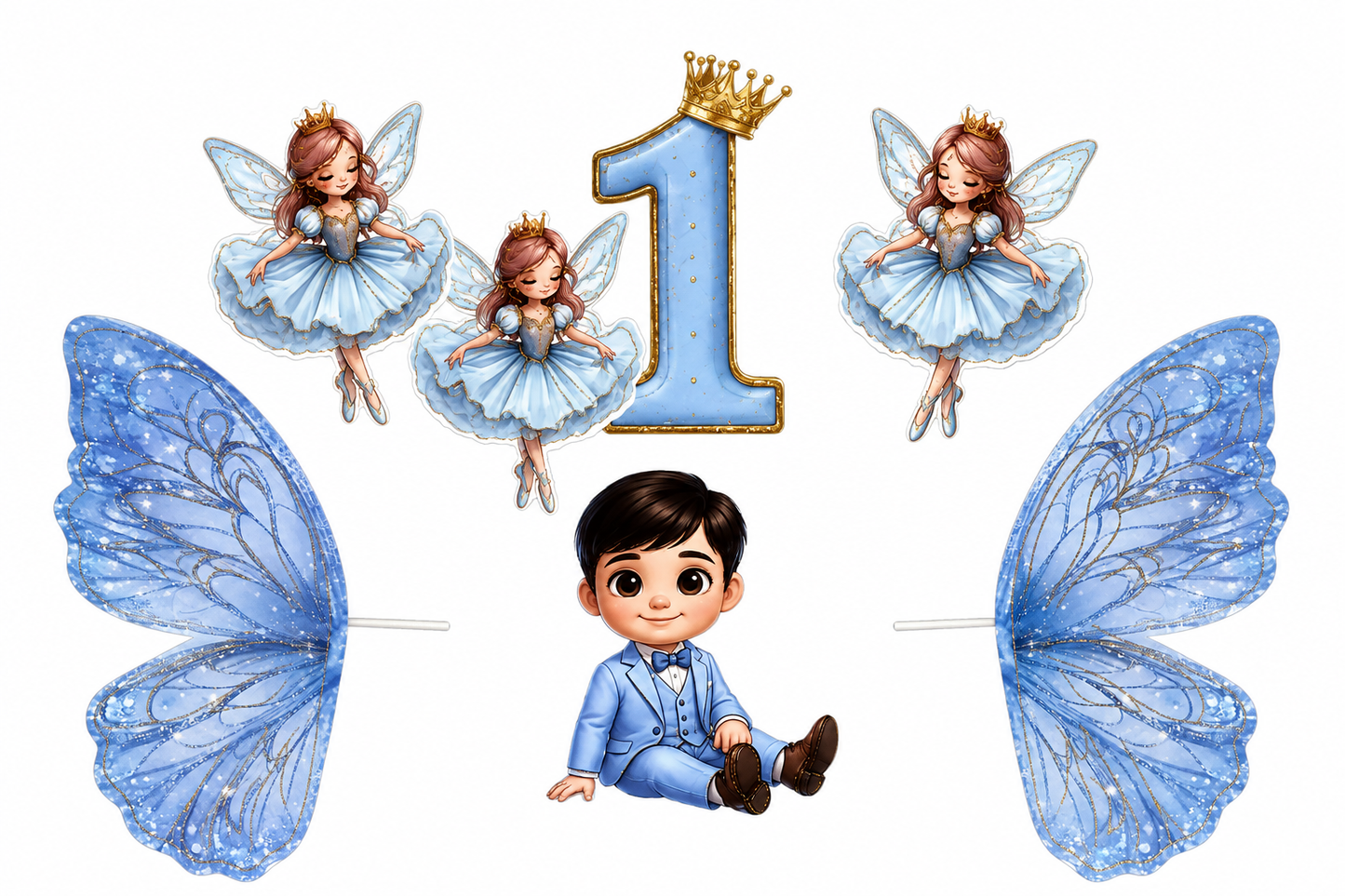 Fairy Wings Cake Topper Set with Baby Boy & Number 1 Decoration