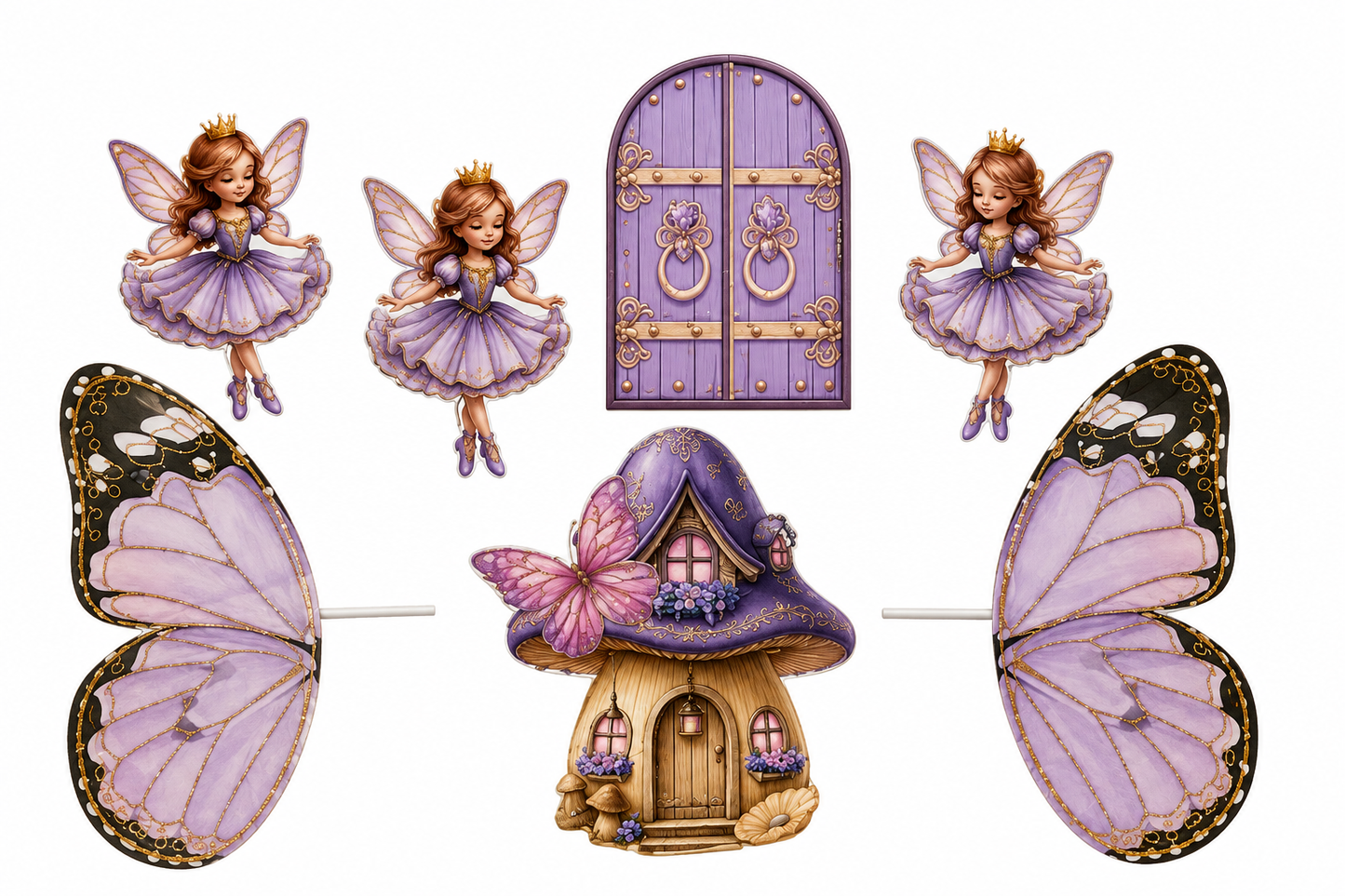 Fairy Princess Cake Topper Set with Fairy Door, Mushroom House & Butterfly Wings