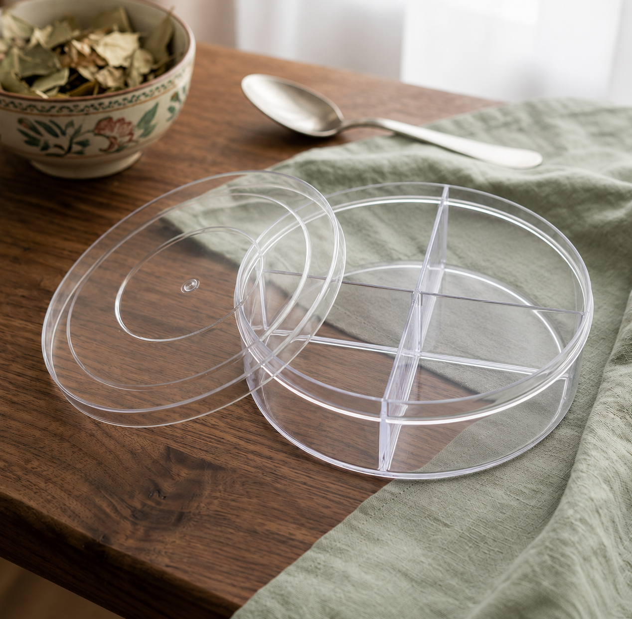 4 Partition Round Acrylic Container Pack Of 5 Size - 16x16x5 cm (400 Big PT)