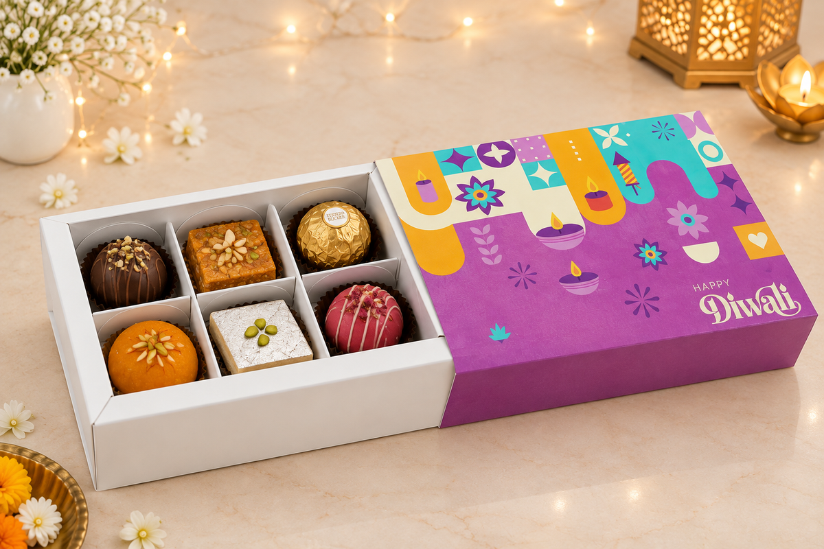 Happy Diwali 6 cavity chocolate box light purple color  PACK OF 10 (size-5.8x4.2x1.5 inch)