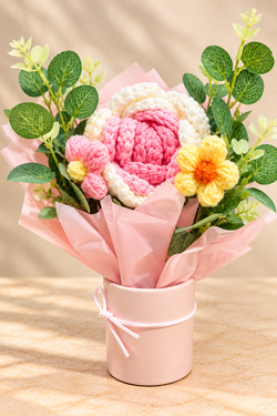 Handmade Crochet with Rose Bouquet in Vase