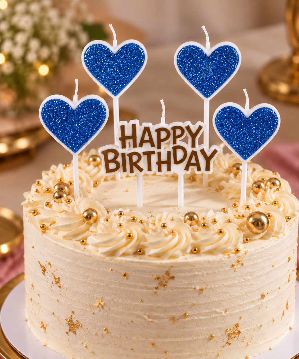 4 Blue Heart Shape Candle With Happy Birthday Cake Topper