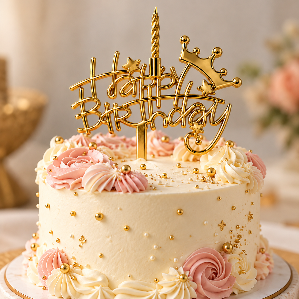 Golden Happy Birthday Cake Topper with Spiral Candle