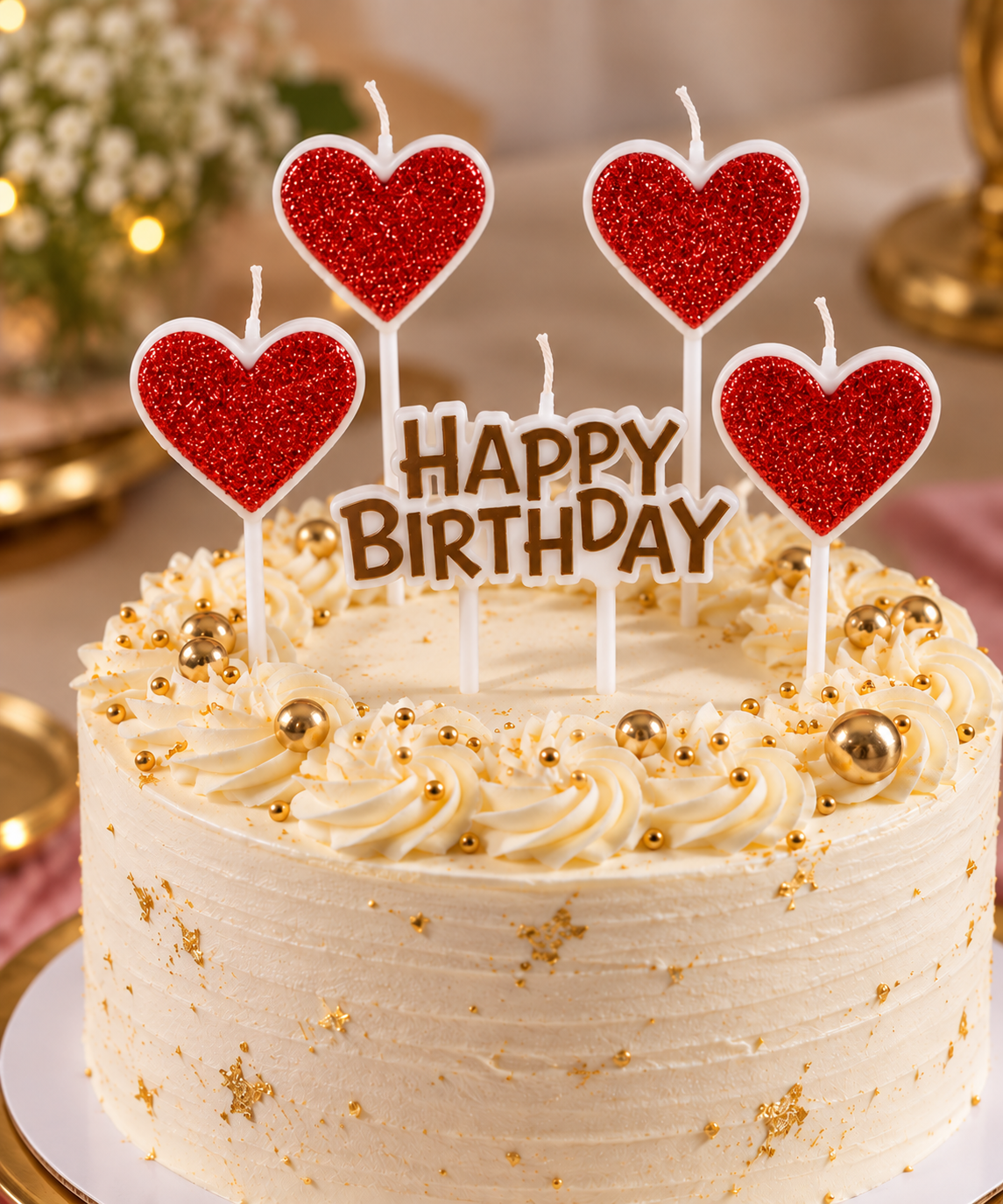 4 Red Heart Shape Candle With Happy Birthday Cake Topper