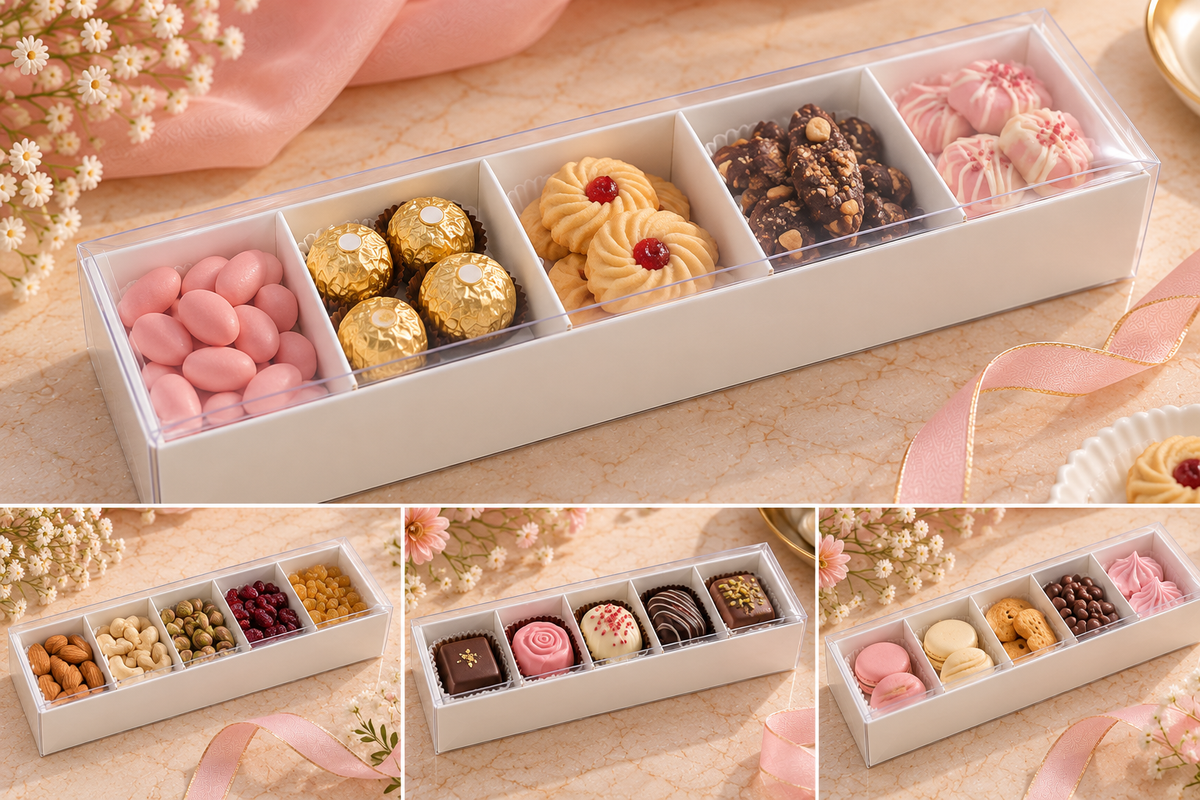 White 5 Cavity Gift Box with Transparent Lid Pack of 10 Size - 12x4x2.5 inch