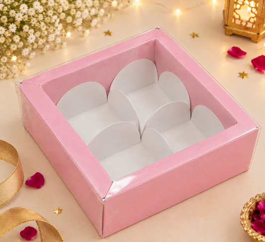 4 cavity chocolate box with transparent lid  pink color PACK OF 10 (size-4.2x4.2x1.5 inch)