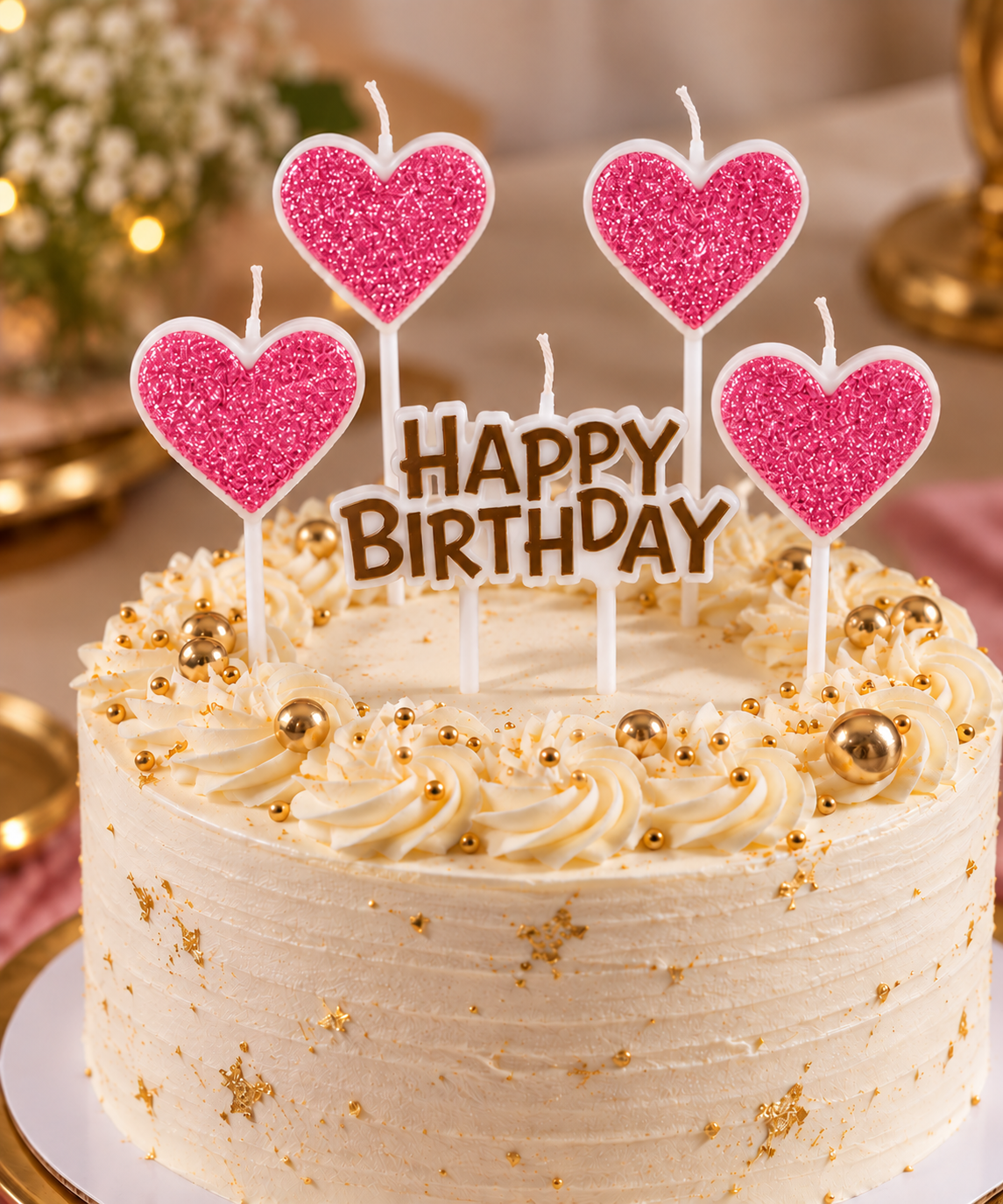 4 Pink Heart Shape Candle With Happy Birthday Cake Topper