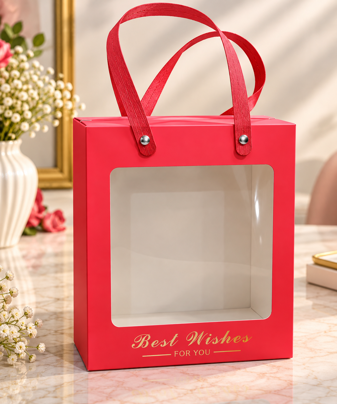 Red Square Gift Box with Window Pack of 5 Size - 8x7x3.5 inch
