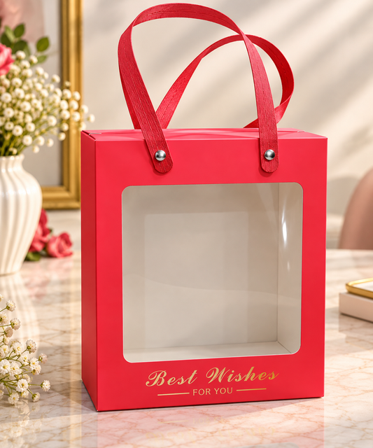 Red Square Gift Box with Window Pack of 5 Size - 8x7x3.5 inch