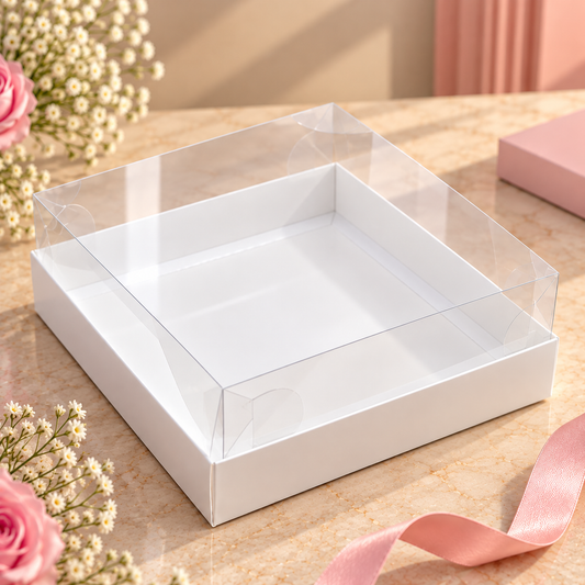 White Hamper Gift Box with Transparent Lid Pack of 10 Size - 8x8x3 inch