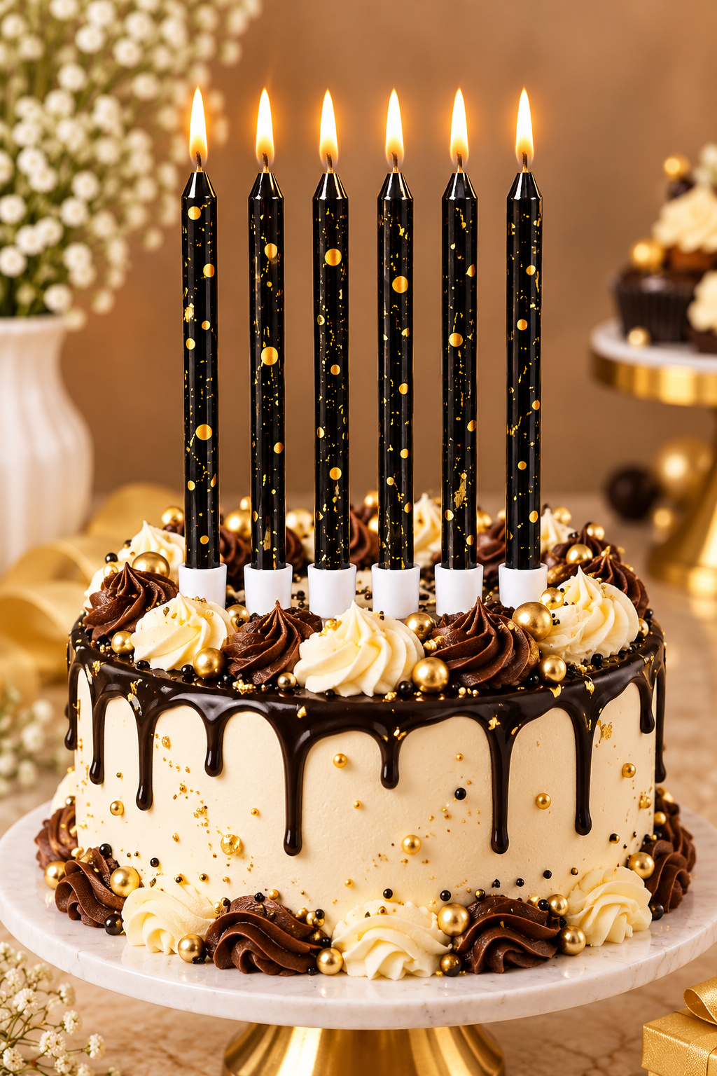Black With Gold Foil Candles Set Pack of 6