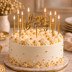 10 Metallic Golden Candle and Holders Set With Happy Birthday Cake Topper