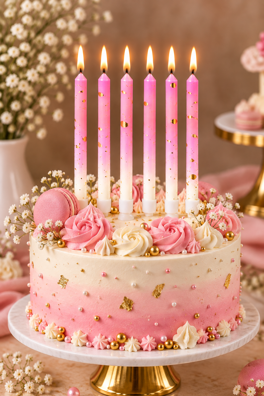 Pink and White Ombre Gold Foil Candles Set Pack of 6