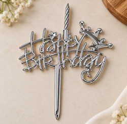 Silver Happy Birthday Cake Topper with Spiral Candle