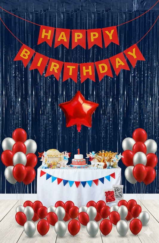 Black Happy Birthday Party Decoration Set with (2 Curtain, 1 Happy Birthday Banner, 10 grey & 10 red balloon, 1 star foil balloon)