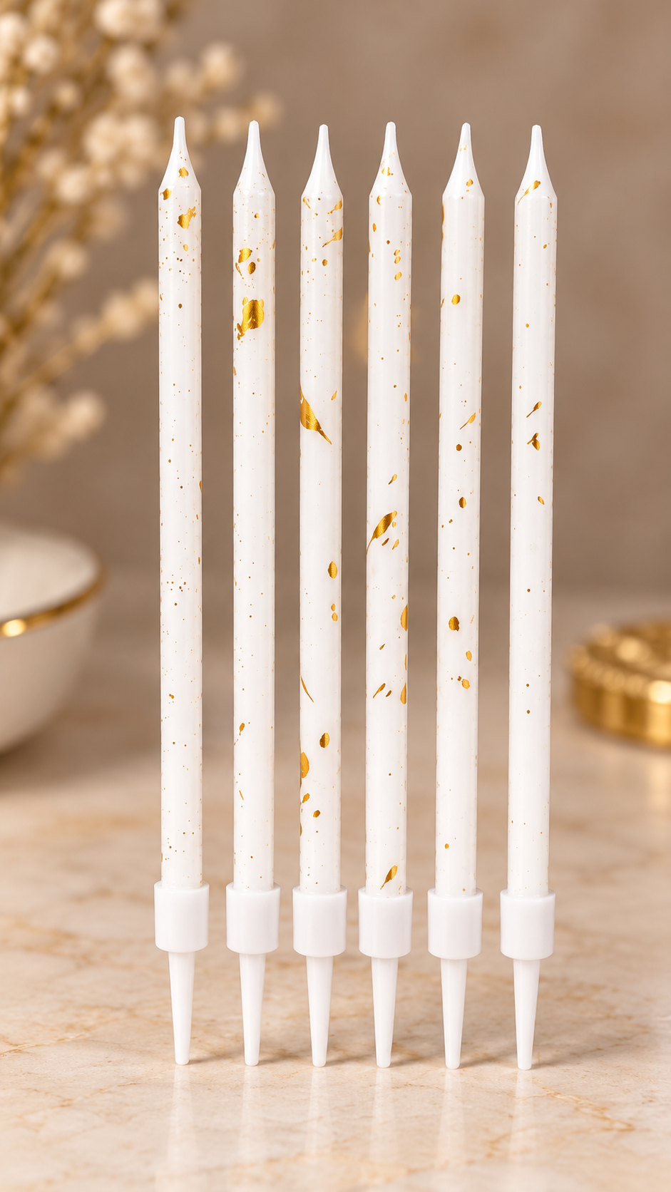 White Gold Foil Candles Set  Pack of 6