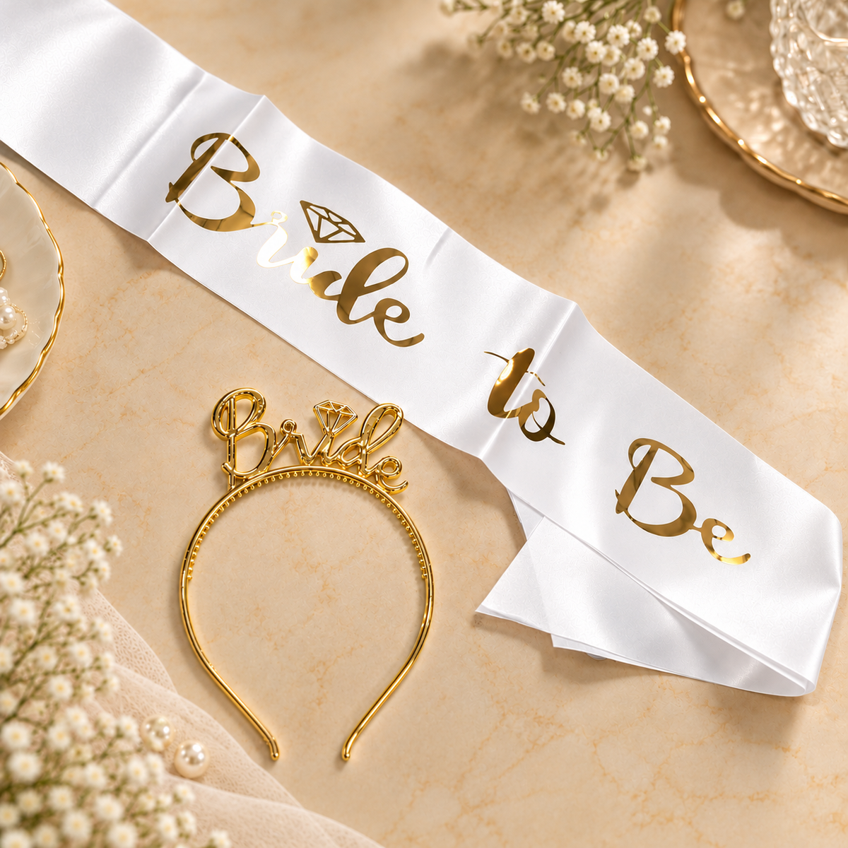 Golden Bride Headband And Bride To Be Sash Set for Bachelorette Party , Bridal Shower