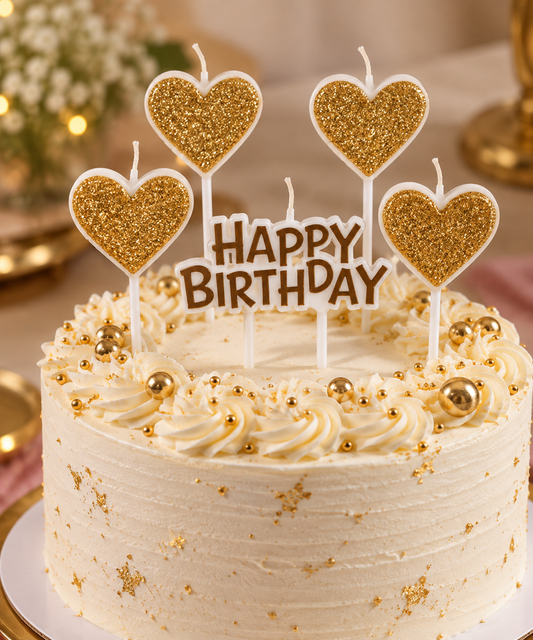 4 Golden Heart Shape Candle With Happy Birthday Cake Topper