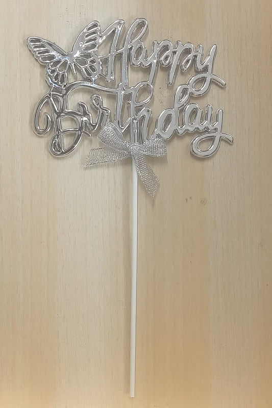 Premium Happy Birthday Silver Colour Cake Topper