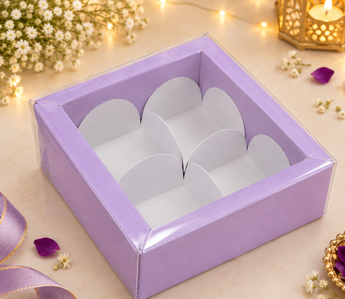 4 cavity chocolate box with transparent lid lavender color PACK OF 10 (size-4.2x4.2x1.5 inch)