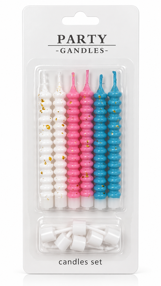 Colourfull Spiral Birthday Candles with Gold Foil Pack Of 6