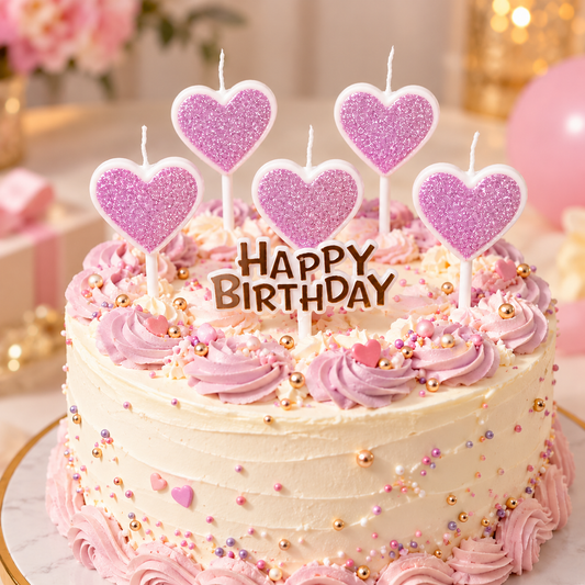 4 Lavender Heart Shape Candle With Happy Birthday Cake Topper