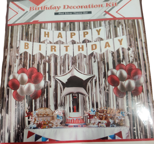 Silver Happy Birthday Party Decoration Set with (1 Curtain, 1 Happy Birthday Banner, 5 grey and 5 red baloon, 1 star foil balloon)